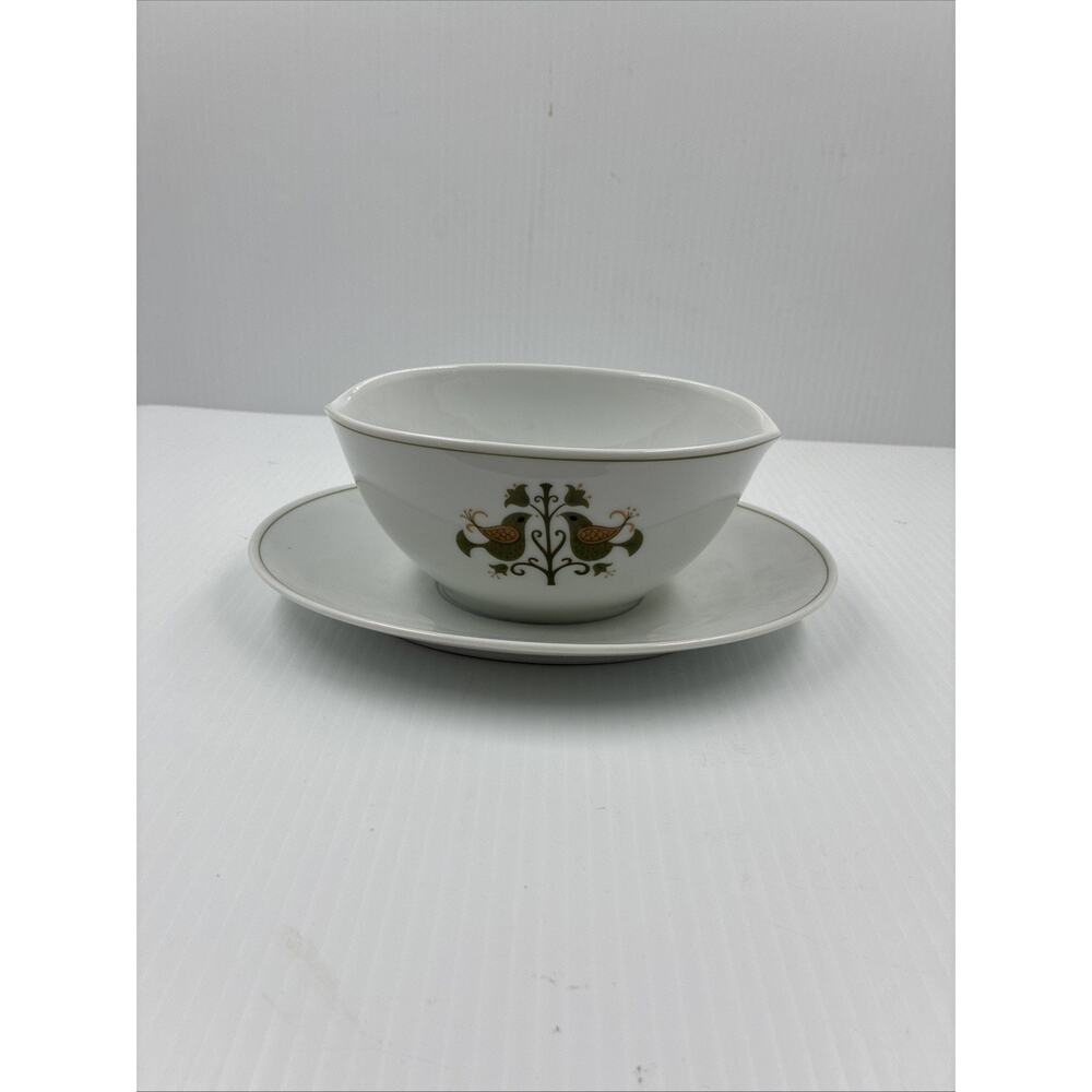 Vintage Noritake China Gravy Boat Hermitage Pattern 6226 Attached Plate Lovebird
